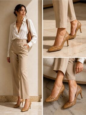 Coach Nataasha Signature Monogram Heels Tan Leather Pumps Size 10B Classic Work